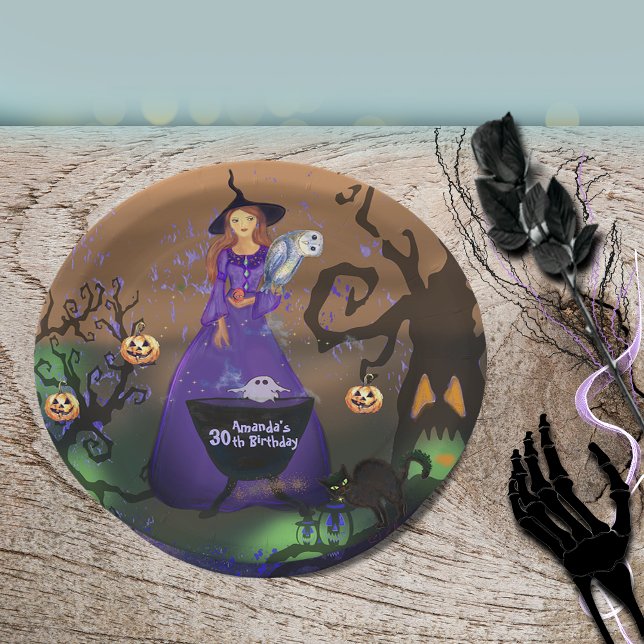 Plato De Papel Llamando a todas las brujas Halloween Papel de cum (Calling All Witches Halloween Birthday Paper Plate)