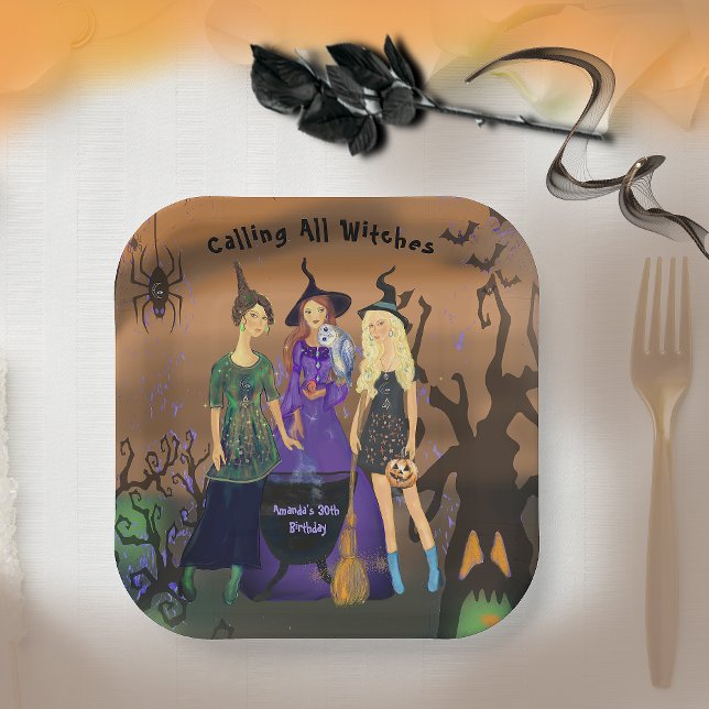 Plato De Papel Llamando a todas las brujas Invitación de cumpleañ (Calling All Witches Halloween Birthday Invitation Paper Plates)