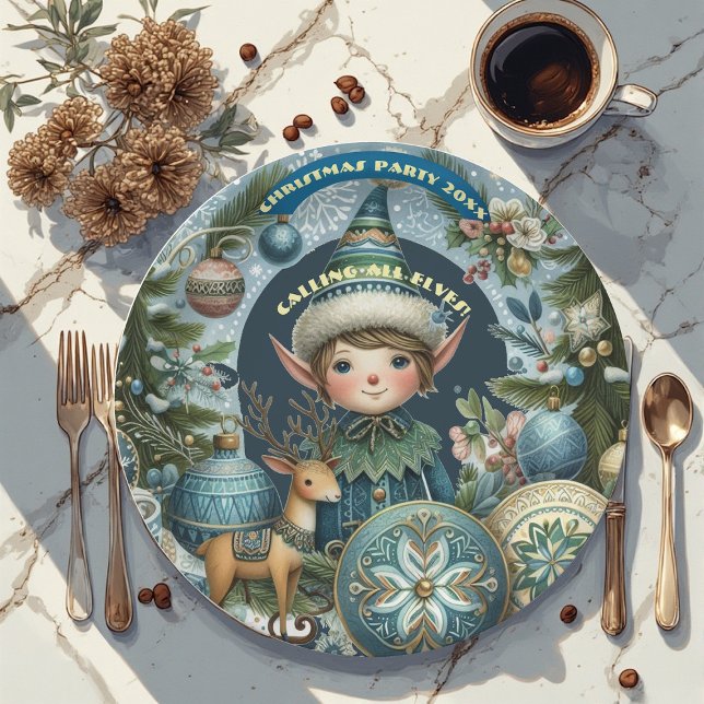 Plato De Papel Llamando a todos los duendes Copos de nieve Graniz (Calling All Elves Snowflakes Hail Christmas Party Paper Plates)