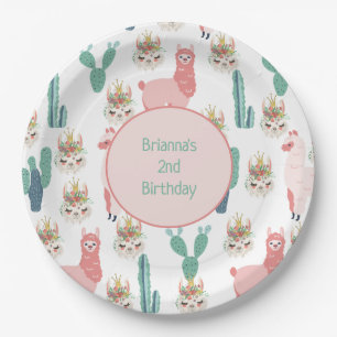 Plato De Papel Llamas rosadas lindas personalizadas y cactus verd