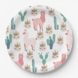 Plato De Papel Llamas rosadas lindas y cactus verdes