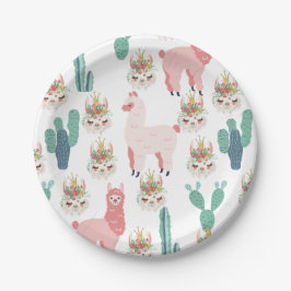 Plato De Papel Llamas rosadas lindas y cactus verdes