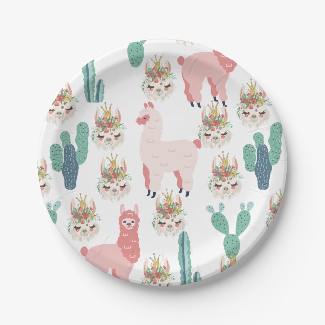 Plato De Papel Llamas rosadas lindas y cactus verdes (Anverso)