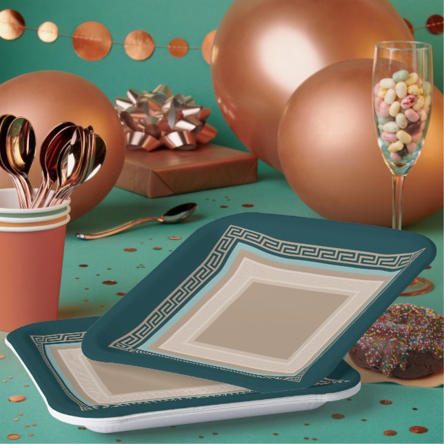 Plato De Papel Llave griega - Meander - Taupe y verde (Multi)