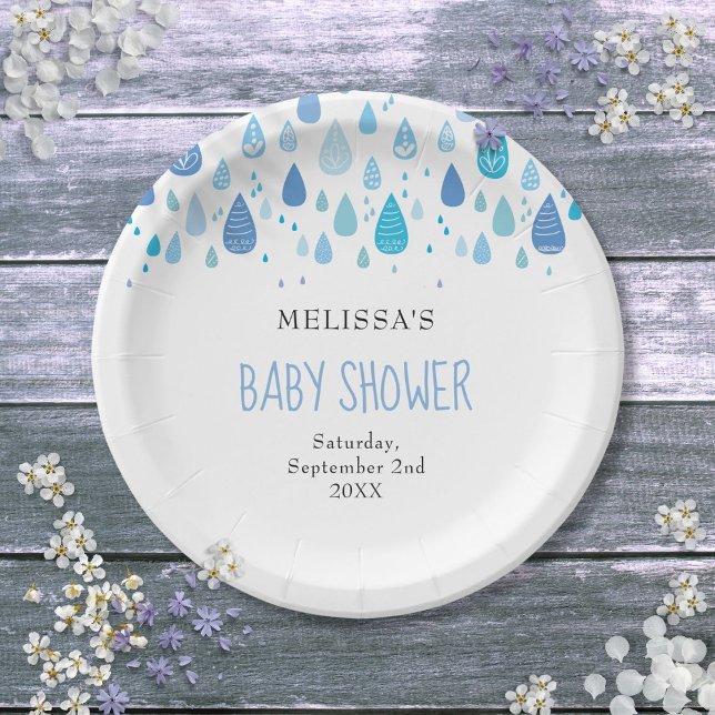 Plato De Papel Lluvia azul moderna Bebé Niño Ducha Espolvorear (Modern Blue Raindrops Baby Boy Shower Sprinkle Paper Plates)