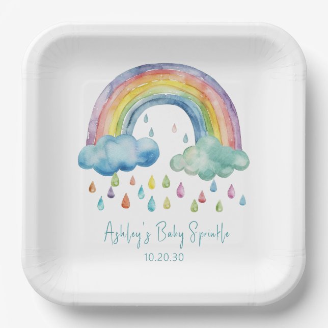 Plato De Papel Lluvia de Bebé Arcoíris Acuarela Boho (Anverso)