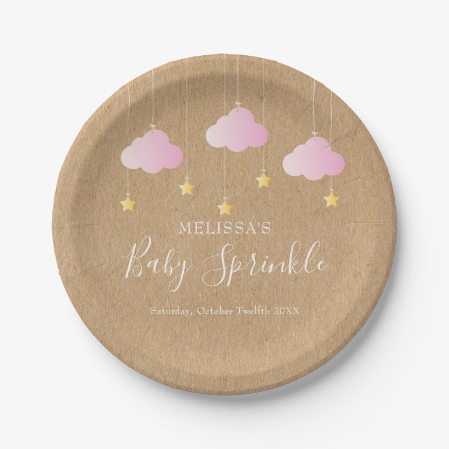Plato De Papel Lluvia de bebé kraft rústico destellos rosa (Anverso)