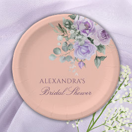Plato De Papel Lluvia de Boda Floral Lila Melocotón Peonía