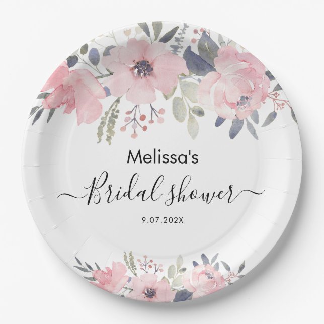 Plato De Papel Lluvia de Boda Rústica con Letra Floral Rosa (Anverso)