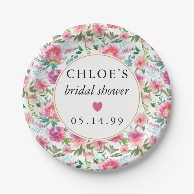 Plato De Papel Lluvia de Flores de Peonía Rosa para Boda (Anverso)