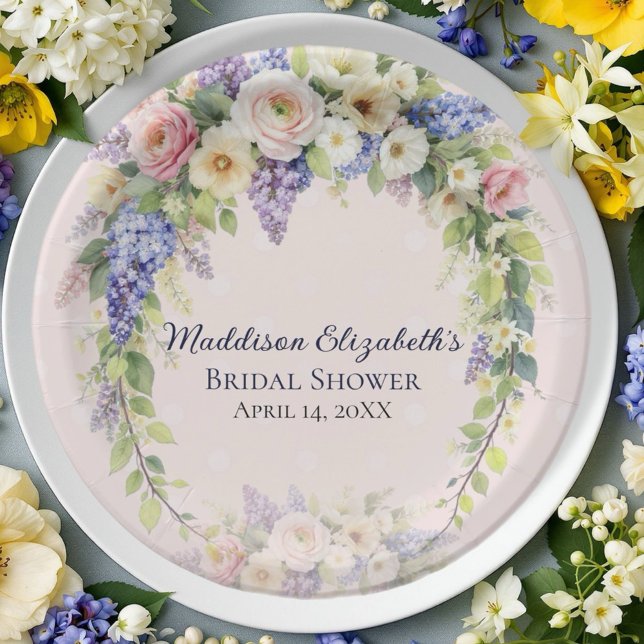 Plato De Papel Lluvia de Flores Nupciales de Primavera (Celebrate the bride-to-be with this elegant spring floral bridal shower design. )
