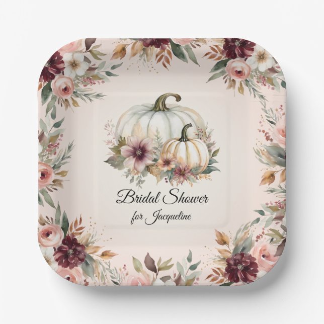 Plato De Papel Lluvia de flores otoñales rústicas de Borgoña con  (Anverso)