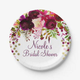 Plato De Papel Lluvia de Novia Marsala Rosa Floral Dorado Burdeos