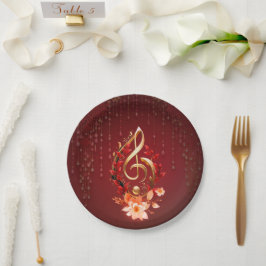 Plato De Papel Lluvia de oro con hojas rojas.