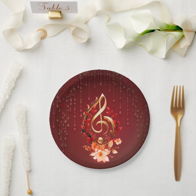 Plato De Papel Lluvia de oro con hojas rojas. (Boda)