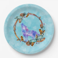 Lobo acuarela de pie en una corona de estilo boho