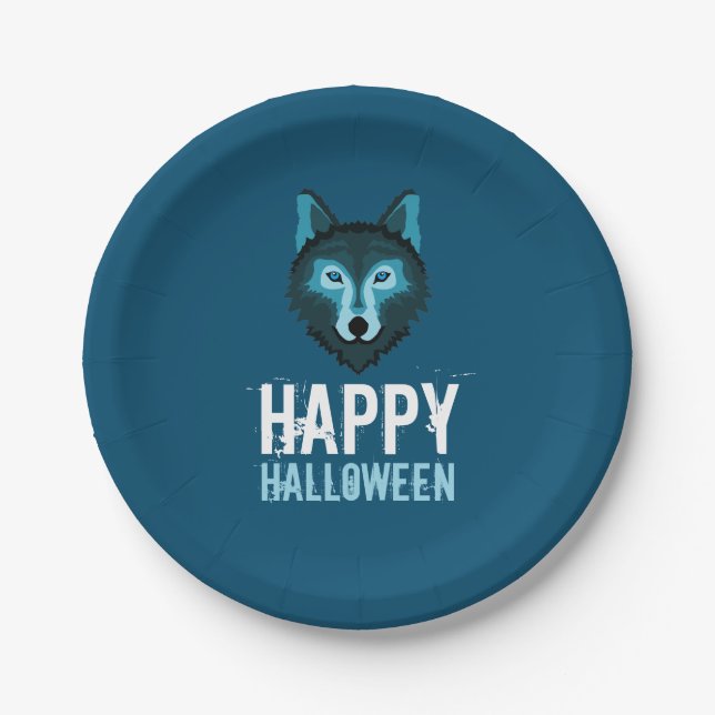 Plato De Papel Lobo azul, Feliz Halloween (Anverso)