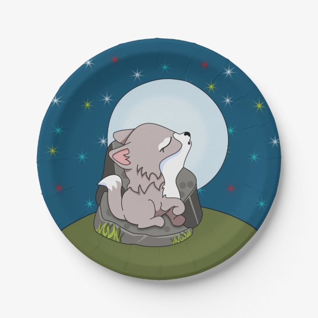 Plato De Papel Lobo Bebé Aullando A Una Luna (Anverso)