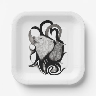 Plato De Papel Lobo blanco con arte tribal de Raven