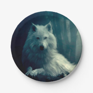 Plato De Papel Lobo blanco en el bosque nocturno