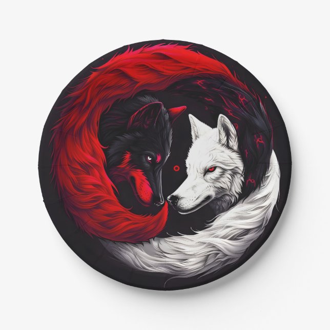 Plato De Papel Lobo blanco rojo de la luna (Anverso)