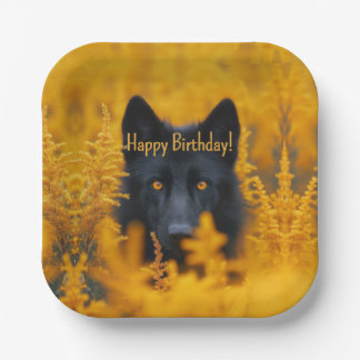 Plato De Papel Lobo de perro negro con ojos de oro feliz cumpleañ