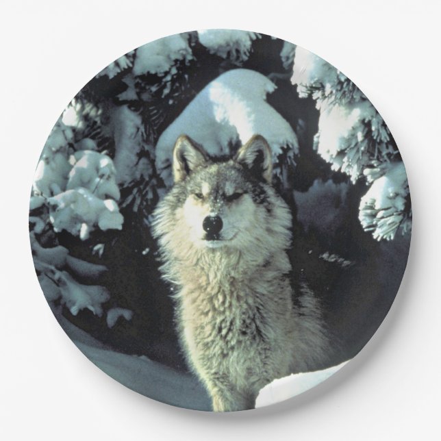 Plato De Papel Lobo en la nieve (Anverso)