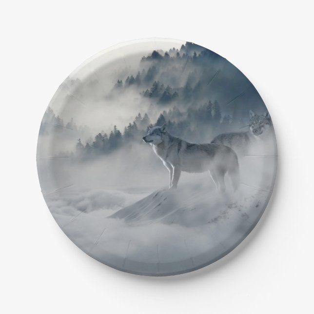 Plato De Papel Lobos en un paisaje invernal (Anverso)
