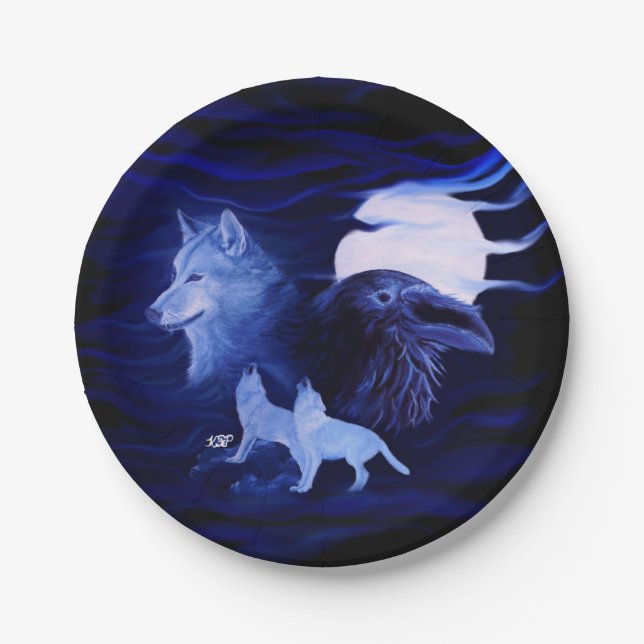 Plato De Papel Lobos y Raven con luna llena (Anverso)