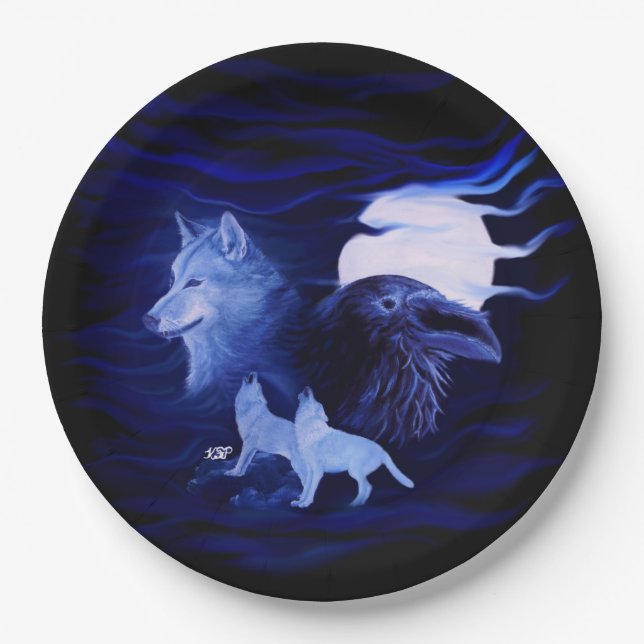 Plato De Papel Lobos y Raven con luna llena (Anverso)