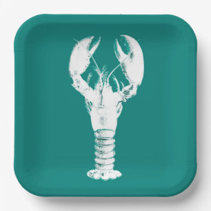 Plato De Papel Lobster blanco sobre turquesa / Verde azulado