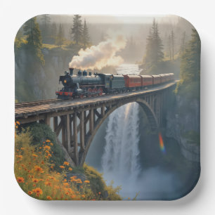 Plato De Papel Locomotora de vapor vintage en un caballete