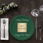 Plato De Papel logo comercial de bar cafetería verde esmeralda<br><div class="desc">Un clásico fondo verde esmeralda. Personalice y añada su negocio,  el logotipo de la empresa. Texto: Feliz Navidad. ¡Feliz Año Nuevo! Para eventos de empresa,  fiestas,  marketing,  promoción.</div>