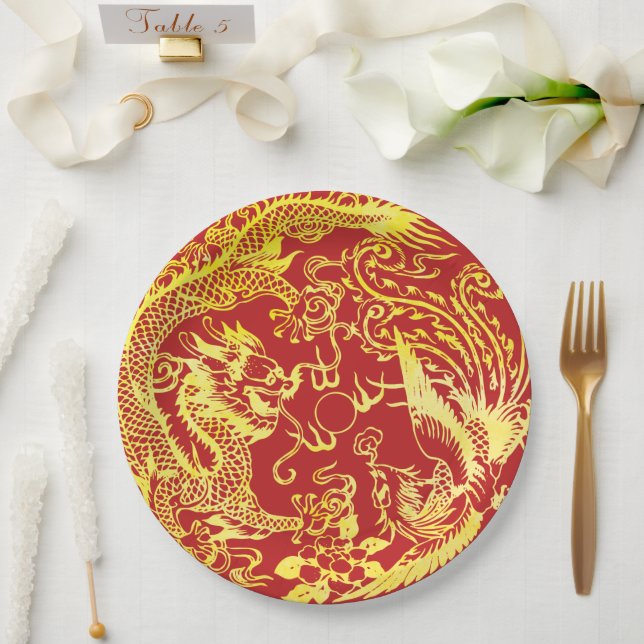 Plato De Papel Logo de Dragon phoenix Chinese boda (Boda)