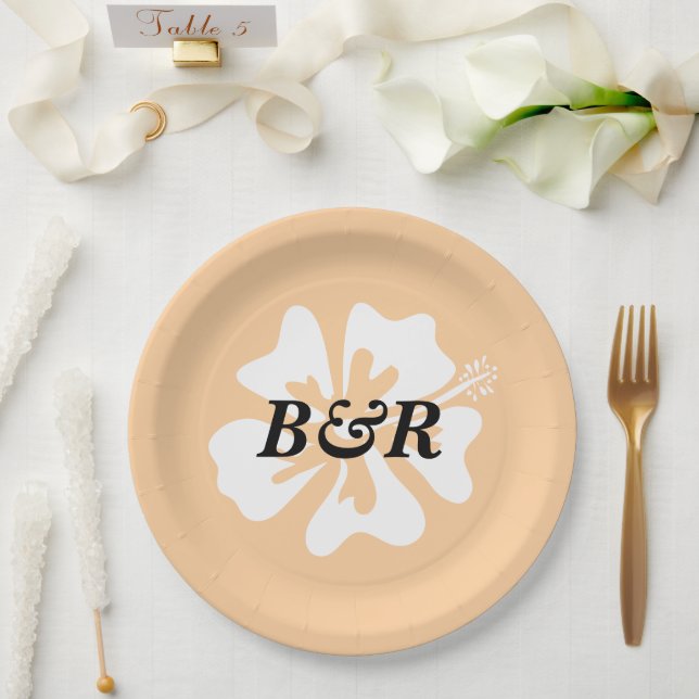 Plato De Papel Logo de flor de Hibiscus boda tropical personaliza (Boda)