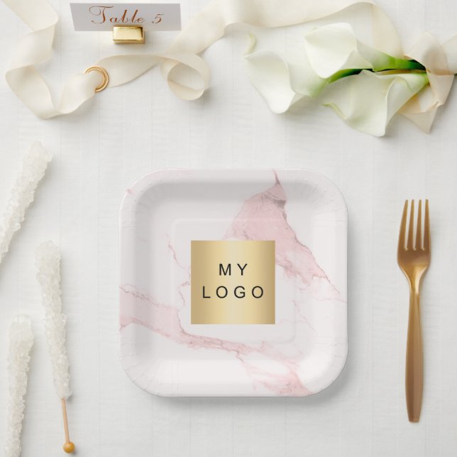 Plato De Papel Logo de negocios de mármol rosa Rubor (Boda)