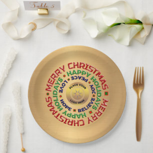 Plato De Papel Logotipo Gold Business Feliz Navidad Personalizado
