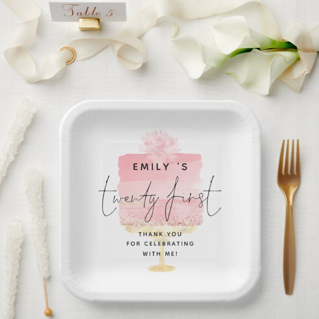 Plato De Papel Lomo rosado de moda Nombre cumpleaños 21 Gracias (Boda)