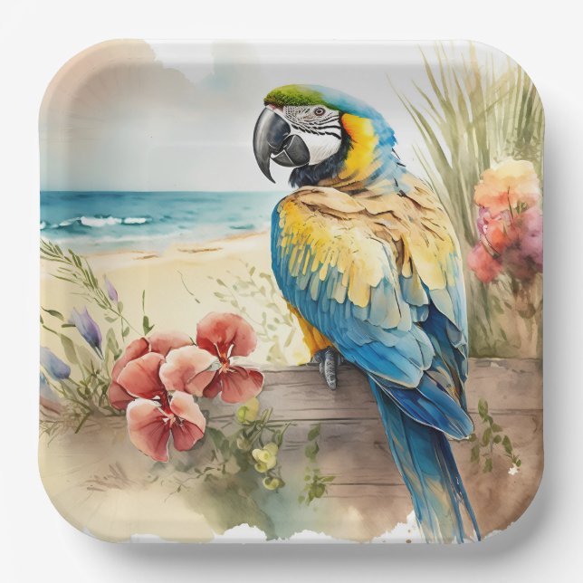 Plato De Papel Loro con flores tropicales (Anverso)