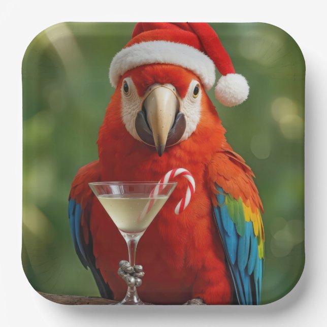Plato De Papel Loro de Navidad sosteniendo un cóctel (Anverso)