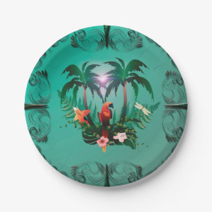 Plato De Papel Loro lindo con las flores y la palma