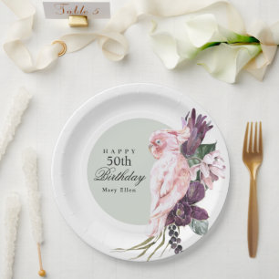 Plato De Papel Loro rosa tropical femenino boho 50 cumpleaños