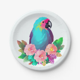 Plato De Papel Loro tropical azul con flores tropicales