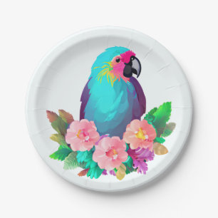 Plato De Papel Loro tropical azul con flores tropicales