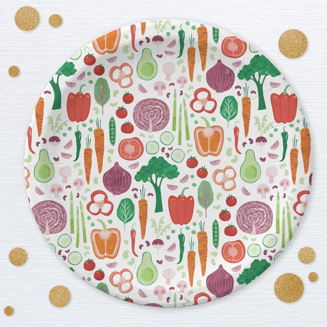 Plato De Papel Los agricultores comercializan hortalizas cultivad (Vegetable pattern Farmers Market Locally Grown party paper plates)