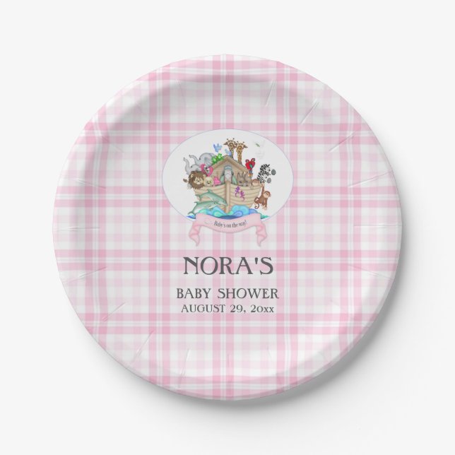 Plato De Papel Los animales árabes de Noé rosan Gingham (Anverso)