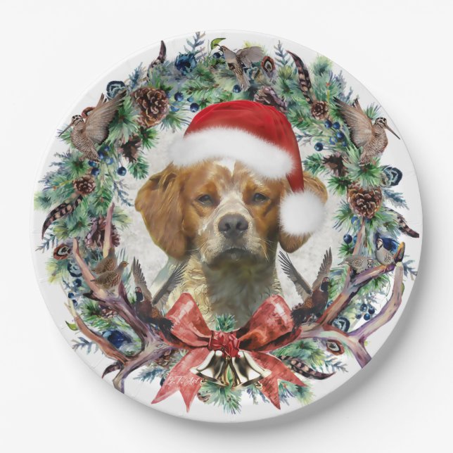 Plato De Papel Los Brittany Spaniels , Navidad  (Anverso)