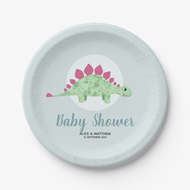 Plato De Papel Los chicos cute Whimsical Blue Dinosaur Baby Showe (Anverso)