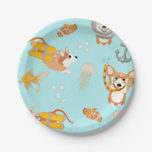 Plato De Papel Los Corgis Bucean En Patrón Océano