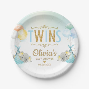 Plato De Papel Los gemelos bebés elefantes globos Baby Shower